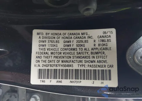 2015 Honda Civic Ex z USA, uszkodzony, nr VIN 2HGFB2F87FH564845